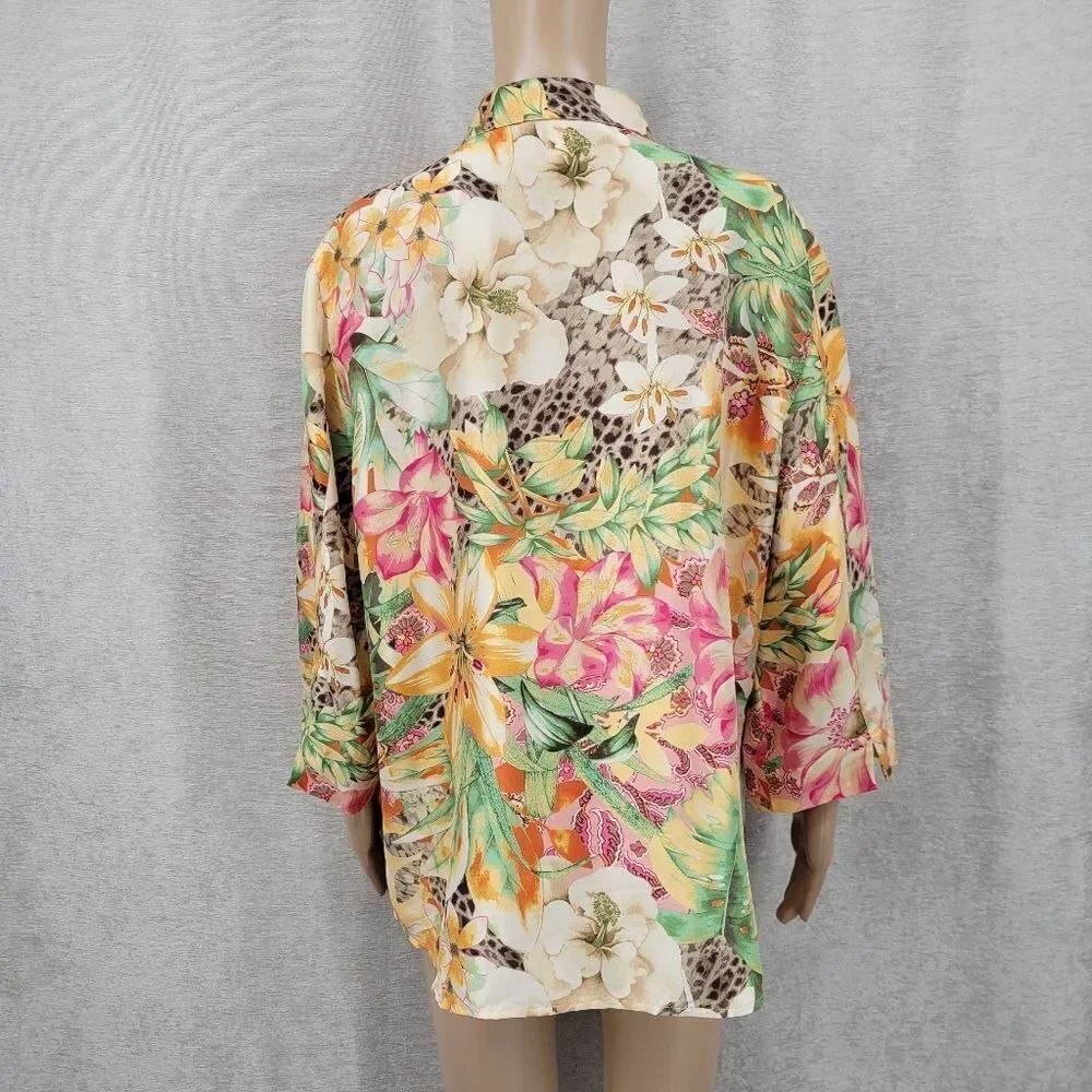 Clothes Silk Tropical Floral Leopard Print Women's Top Button Down Blouse - Picture 5 of 9